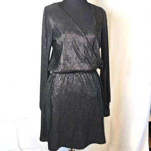 Zara Metallic Black Shimmer Slinky Textured Mock‎ Wrap Dress Sz Small